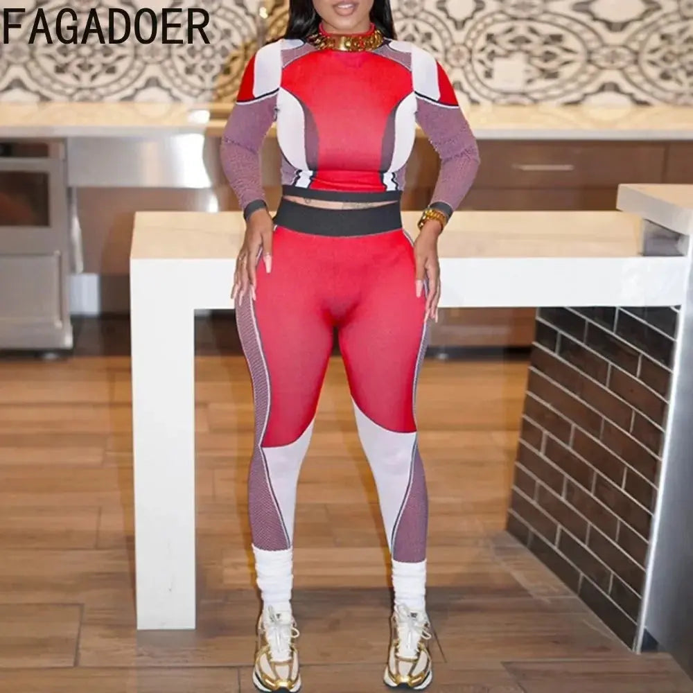 Trendy Color Block 2 Piece Set Women Outfit High Collar Print Patchwork Crop Top + High Waist Leggings Pants Streetwear FashionMojos.com