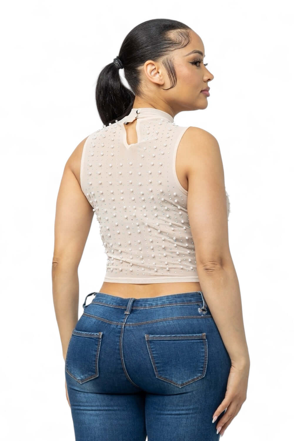 Mesh See Through Pearls Studs Embellished Top The House of Stylez