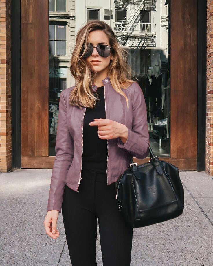 Jacket Women Fashion Zipper Stand Collar Solid Leather PU Coats Slim Streetwear Suit Gothic Jackets Autumn Winter Clothing FashionMojos.com
