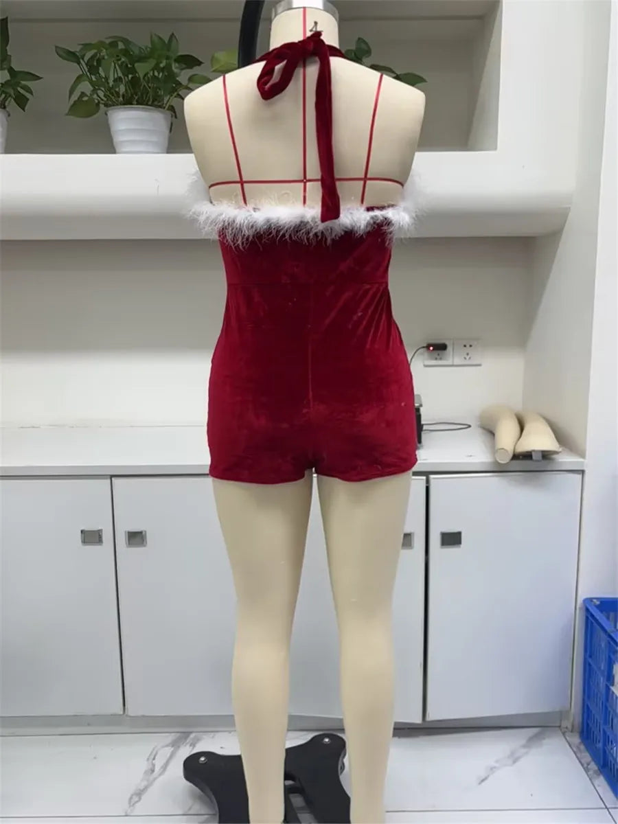 Women's Christmas Cosplay Costume Lingerie Rompers Red Plush Trim Halter Backless Christmas Party Cosplay Jumpsuits Playsuits
