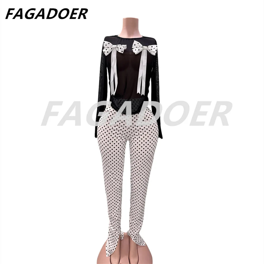 FAGADOER Vintage Y2k Polka Dot 2 Piece Sets Outfit Women Mesh See Through Bow Top and Stacked Pants Suits Ladies Club Streetwear