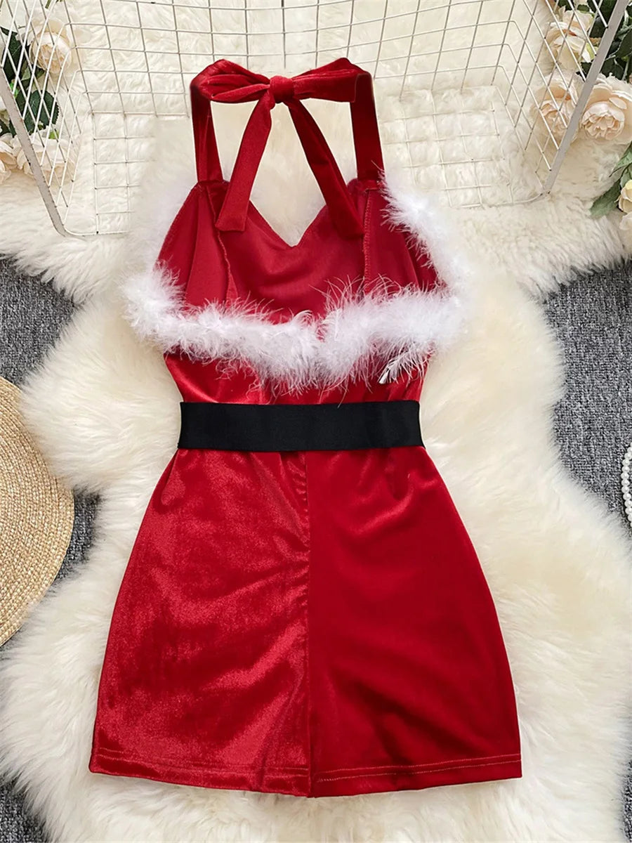 Women's Christmas Cosplay Costume Lingerie Rompers Red Plush Trim Halter Backless Christmas Party Cosplay Jumpsuits Playsuits