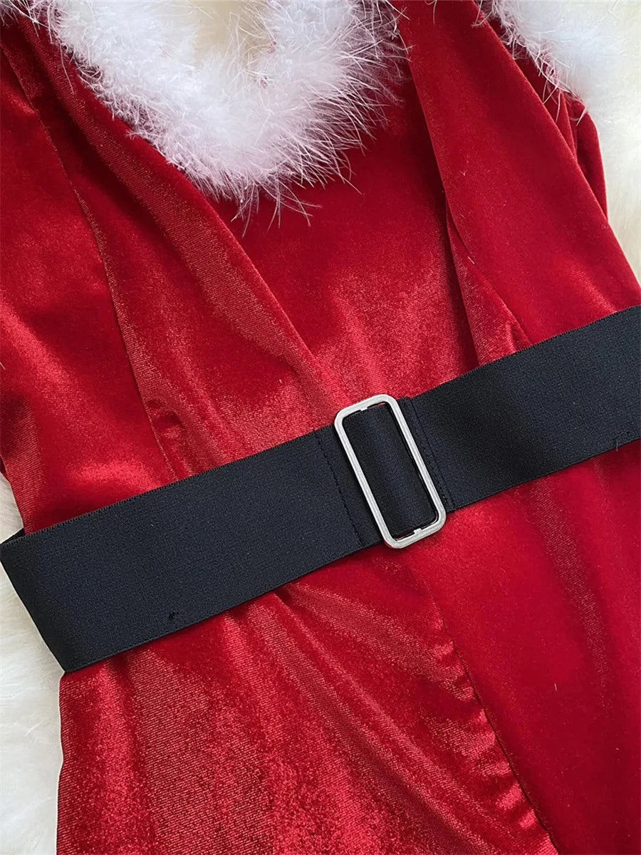 Women's Christmas Cosplay Costume Lingerie Rompers Red Plush Trim Halter Backless Christmas Party Cosplay Jumpsuits Playsuits