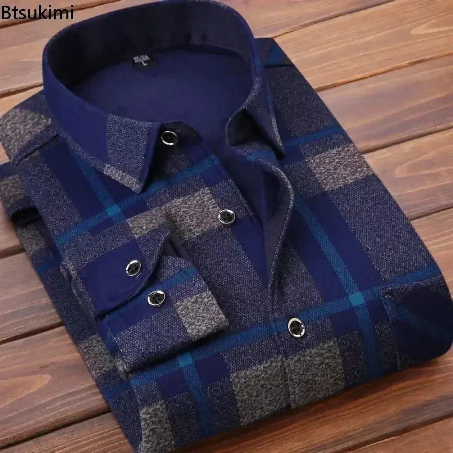 Men's Autumn Winter Casual Long Sleeve Plaid Shirt Thick Warm Men's Casual High Quality Soft Large Size Warm Shirt Tops 4XL FashionMojos.com