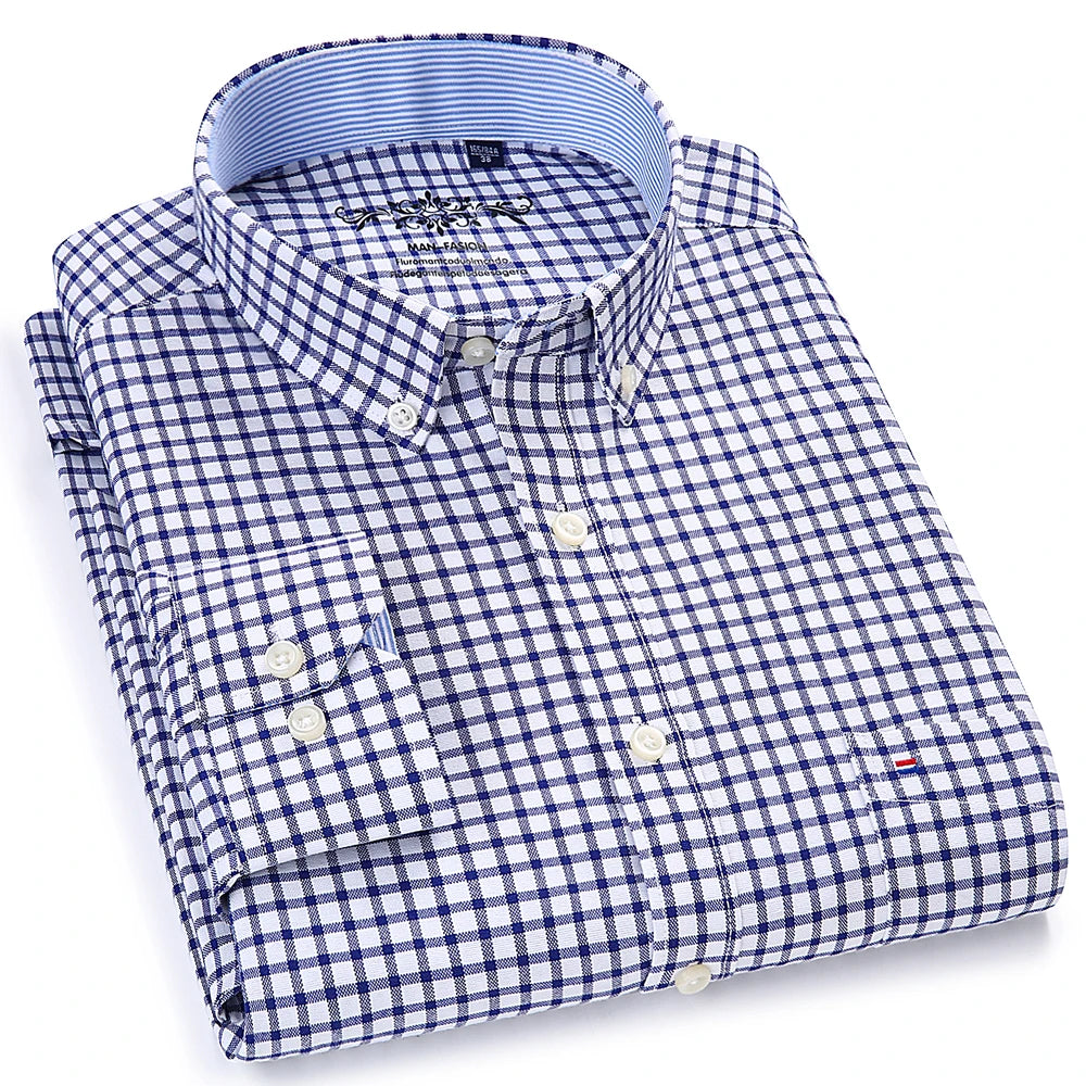 Men's Long Sleeve Oxford Plaid Striped Work Casual Shirt with Pocket, Spring Autumn Cotton Blend Regular-fit Button-down Shirts FashionMojos.com