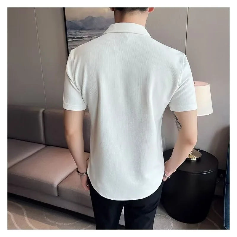 Men's Wear Summertime Knit Waffle Check Cuban Collar Elastic Force Short Sleeve Shirt All-match Casual Shirt Male Masculine