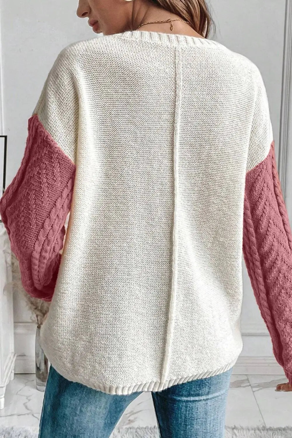 Color Block Round Neck Long Sleeve Sweater Trendsi
