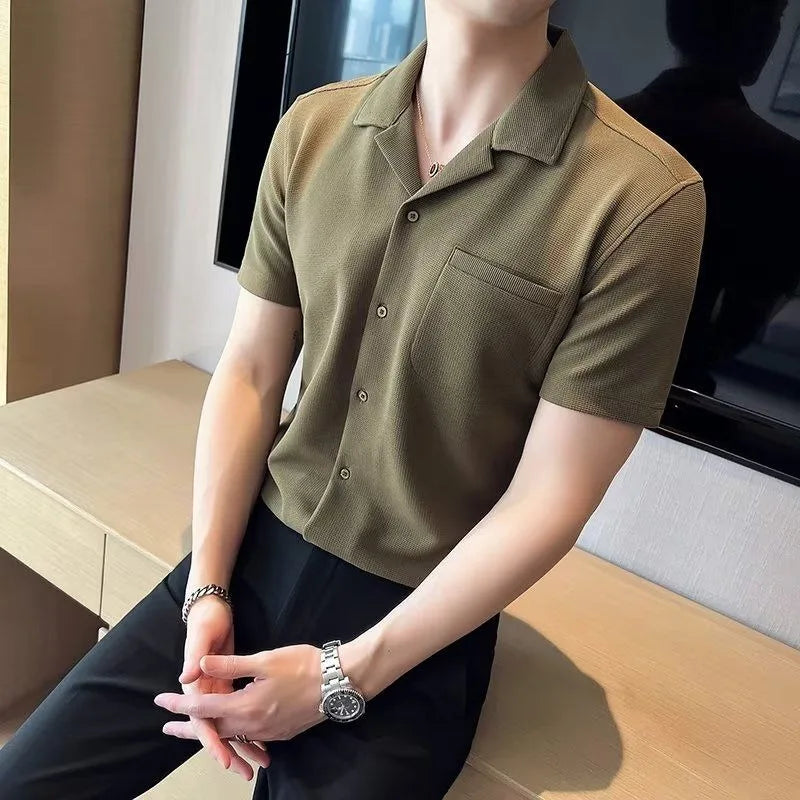 Men's Wear Summertime Knit Waffle Check Cuban Collar Elastic Force Short Sleeve Shirt All-match Casual Shirt Male Masculine