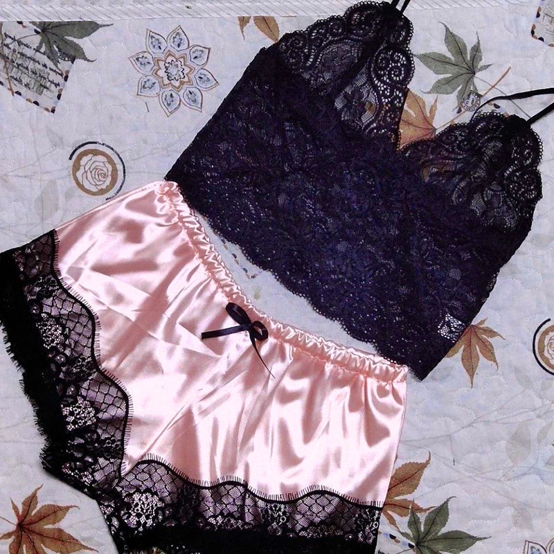 1 Set Women's Lace Sleepwear Pajamas Lingerie Crop Tops And Shorts Babydoll Pajamas Underwear Nightwear