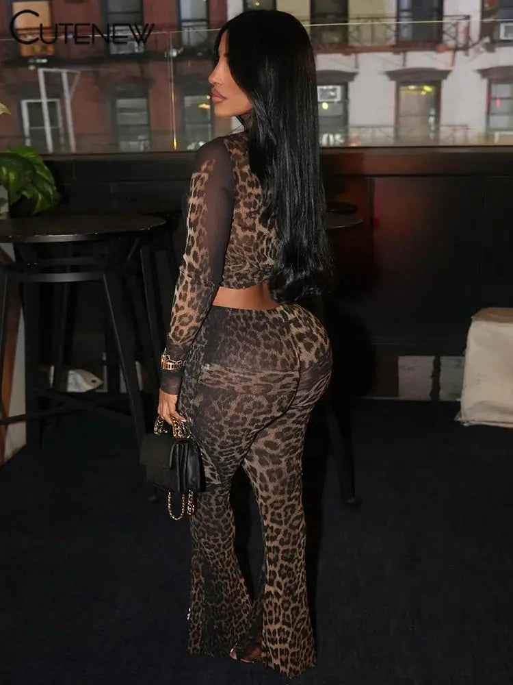 Cutenew Popular Print Women 2 Piece Set Autumn Matching Long Sleeve O-neck Crop Tees+High Waist Slim Pants Female Street Outfits FashionMojos.com