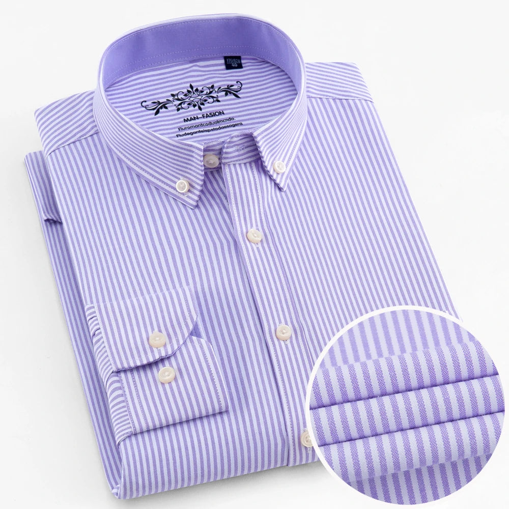 Men's Long Sleeve Oxford Plaid Striped Work Casual Shirt with Pocket, Spring Autumn Cotton Blend Regular-fit Button-down Shirts