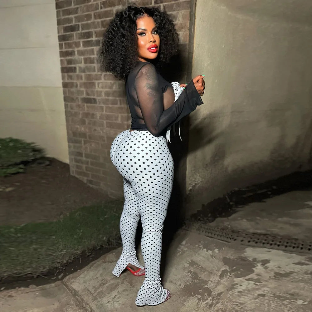 FAGADOER Vintage Y2k Polka Dot 2 Piece Sets Outfit Women Mesh See Through Bow Top and Stacked Pants Suits Ladies Club Streetwear