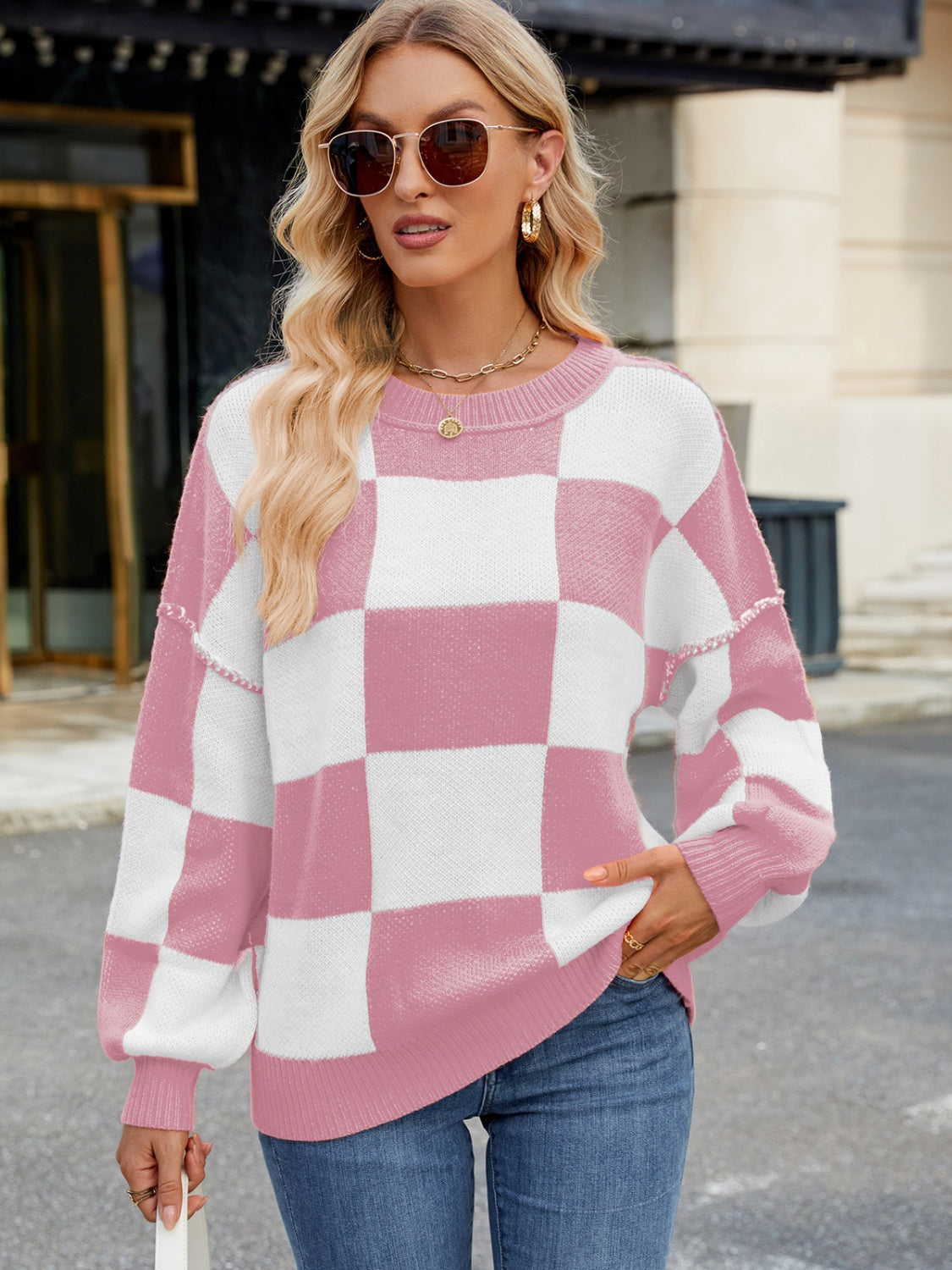 Checkered Round Neck Long Sleeve Sweater Trendsi