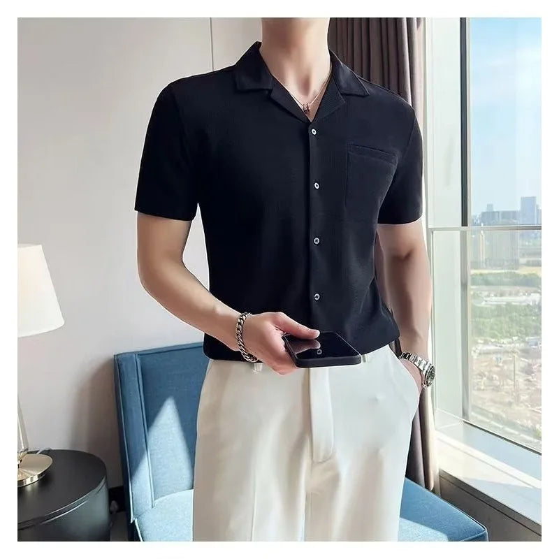 Men's Wear Summertime Knit Waffle Check Cuban Collar Elastic Force Short Sleeve Shirt All-match Casual Shirt Male Masculine