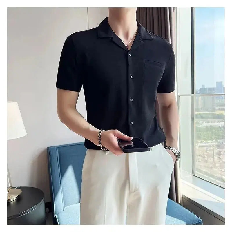 Men's Wear Summertime Knit Waffle Check Cuban Collar Elastic Force Short Sleeve Shirt All-match Casual Shirt Male Masculine FashionMojos.com