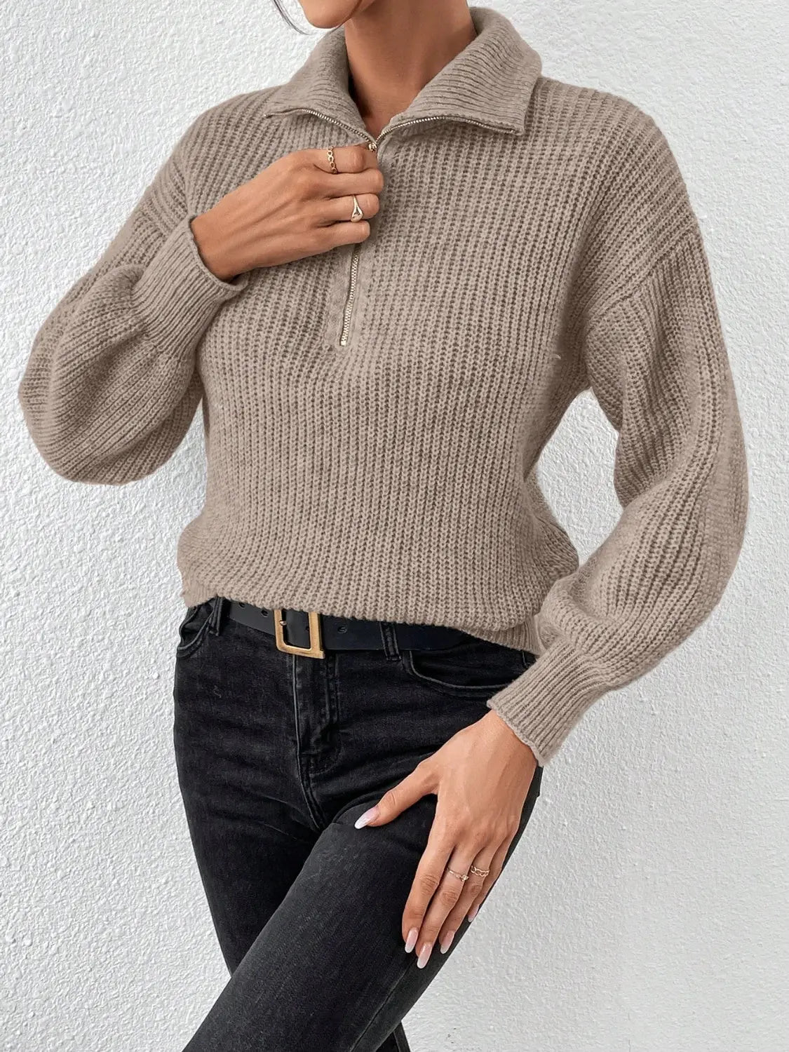 Honey Half Zip Dropped Shoulder Sweater Trendsi