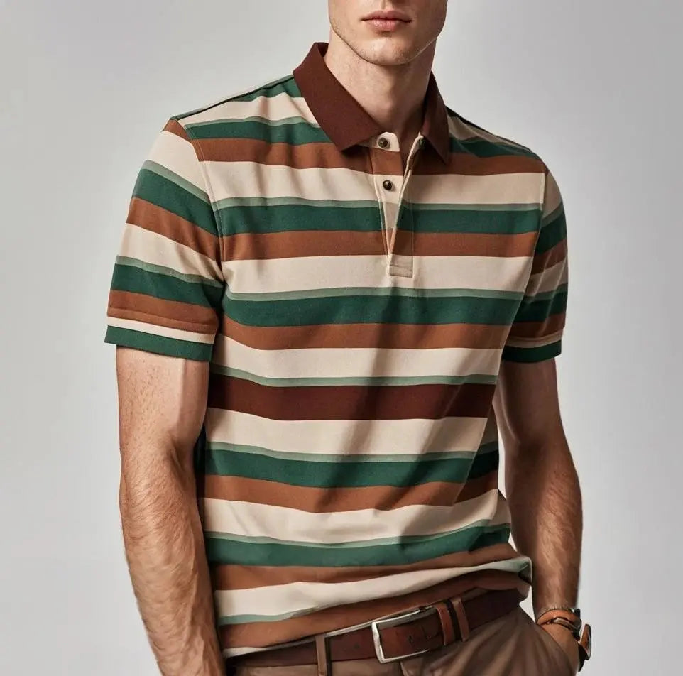 Summer Men's Polo Shirt Casual Stripe Print Button-Down Tops Fashion Business Polo T-Shirt Outdoor Male Oversized Clothing FashionMojos.com