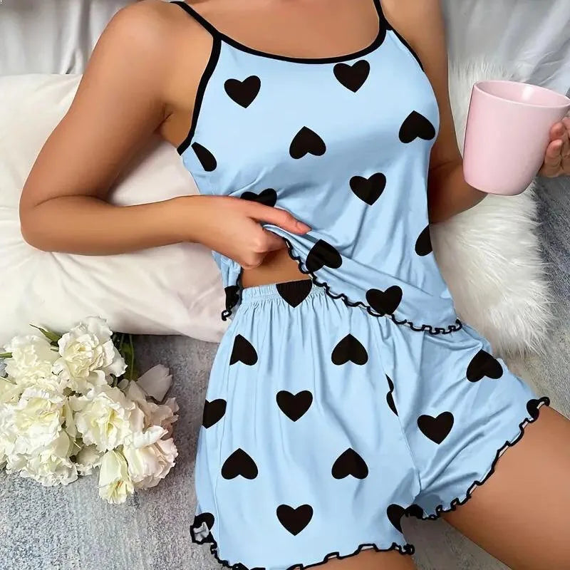 Women's Pajama Set Pajamas T-Shirts Shorts Pink Heart-Shaped Print Round Neck T-Shirt Ice Silk Top Comfortable Casual Summer 