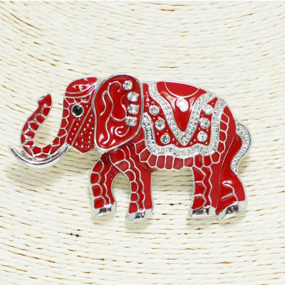 Antique Silver/Red, elephant epoxy with rhinestone pin brooch Good Feelings