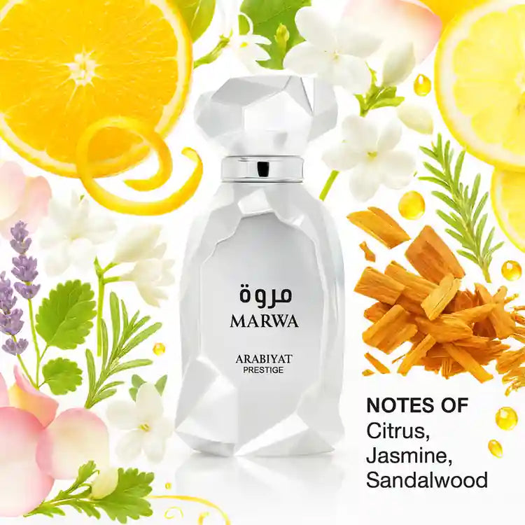Marwa Arabiyat Prestige perfume bottle surrounded by floral and citrus elements