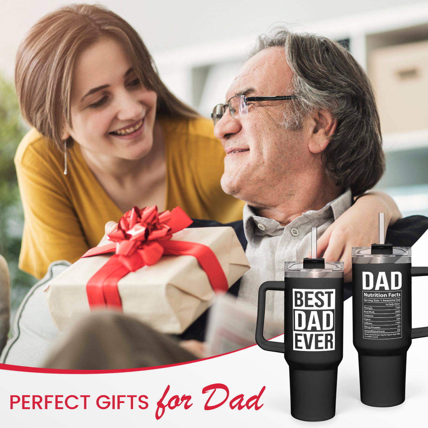Black Best Dad Ever Quencher Tumbler with Handle 40oz Sandjest Personalized Gifts