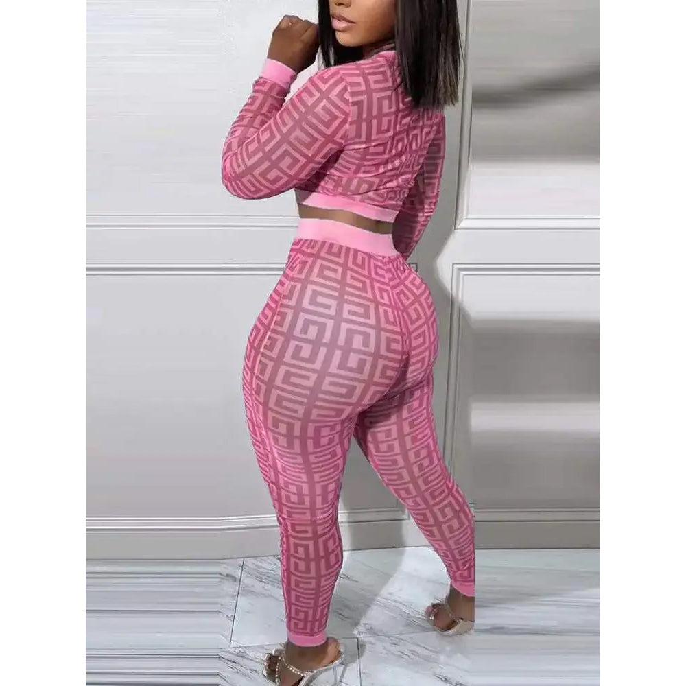 Geometric Print Long Sleeve Crop Top Pants Set FashionMojos.com