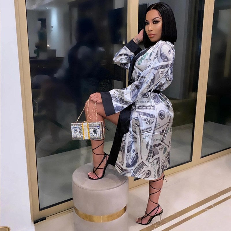 Aesthetic Cardigan Long Sleeve Midi Bandage Dress Money Pajamas Fall Clothes for Women Fashion Sexy Lounge Wear