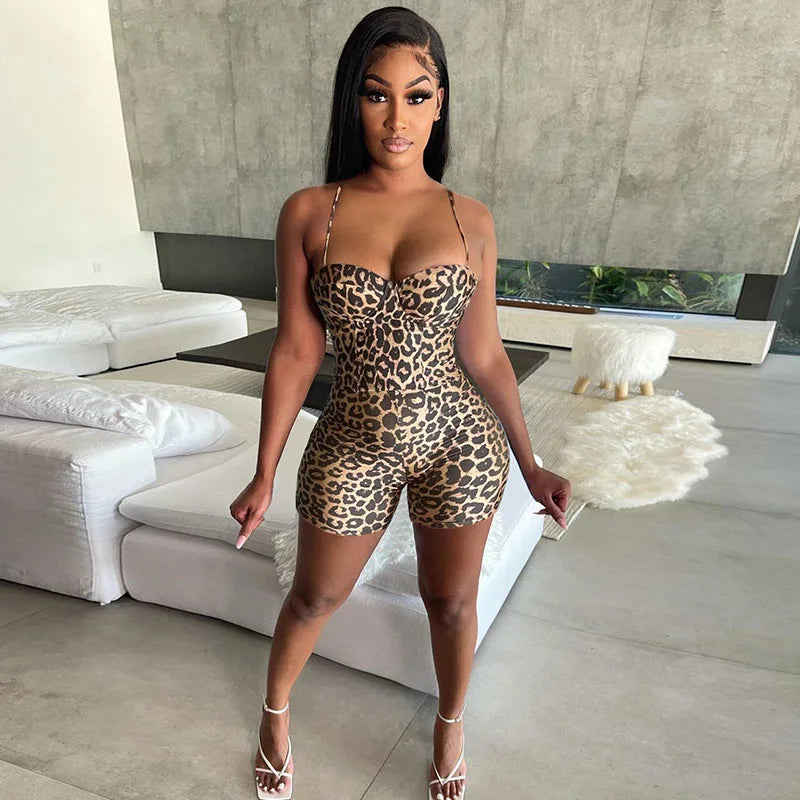 Leopard Print Bodycon Jumpsuit Women Playsuit Shorts Spaghetti Strap Backless Strapless Romper Sexy Party Club One Piece Outfits