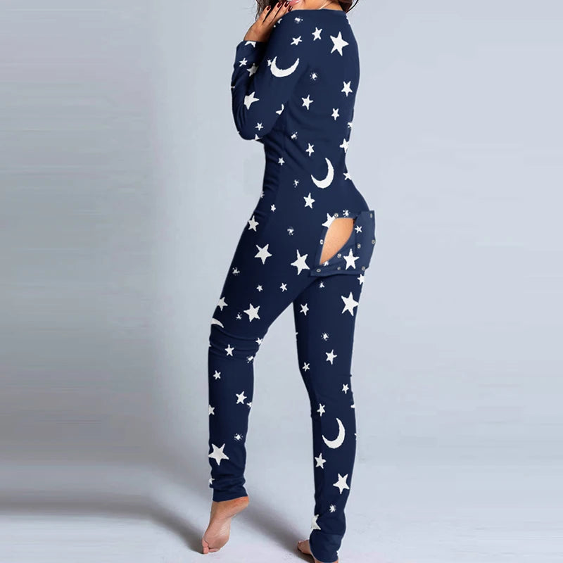 Women's Pajamas Christmas Printed Sexy Jumpsuit Fashion Casual Button Front Bottom Rear Hip Opening Flip Jumpsuits