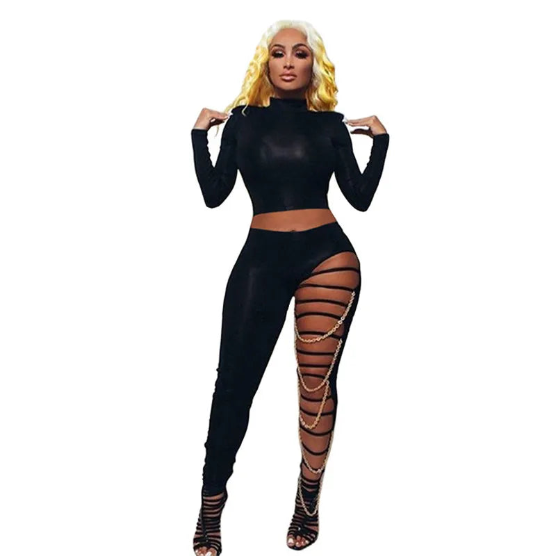 Chain Patchwork Pants Leggings Sexy Women Hollow Out Trousers Black High Waist Bodycon Slim Clubwear Streetwear