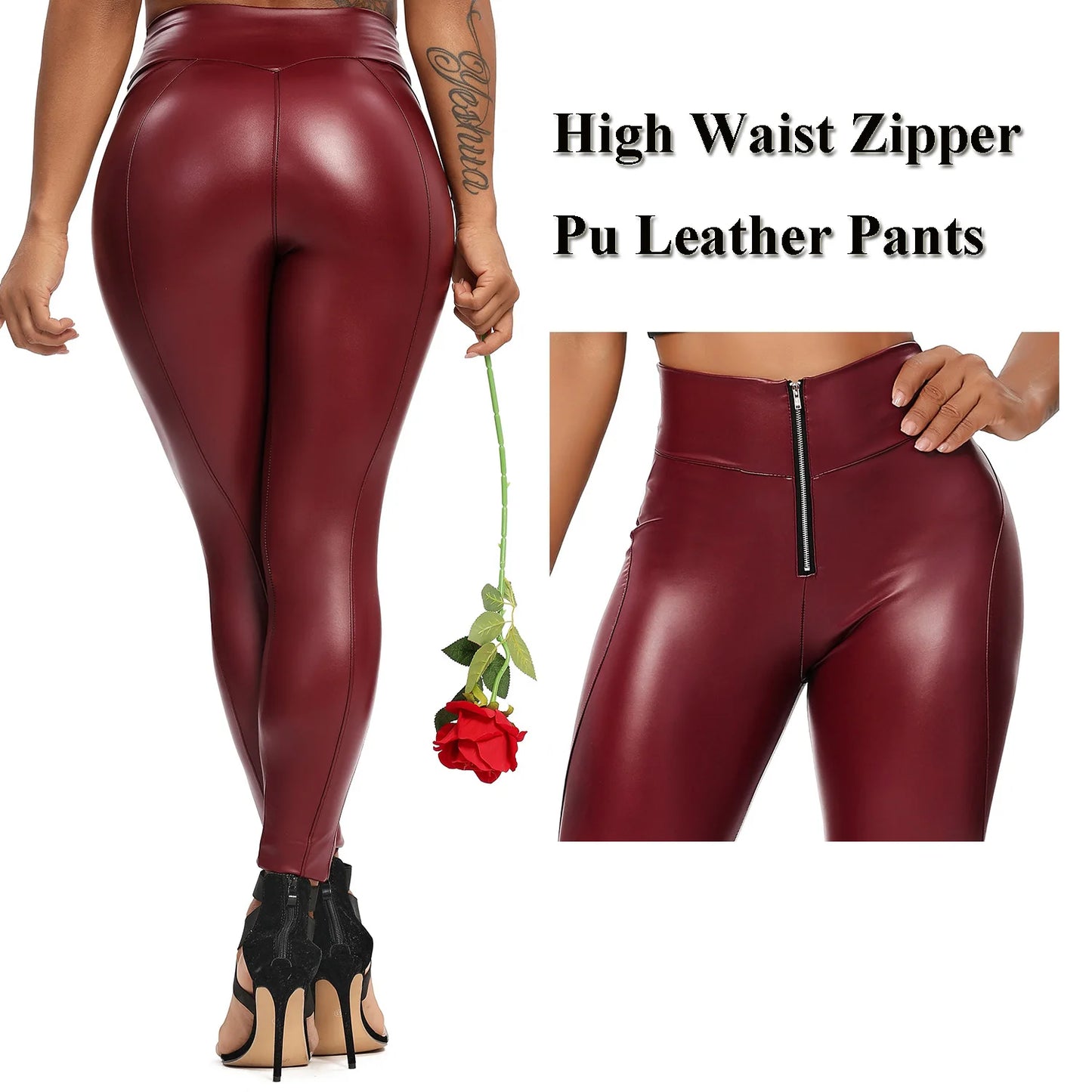 High Waist Zipper Pu Leggings For Women Black Push Up Leggins Lady Sexy Booty Stretch Slim Sport Pants Pu Leather Legging Female