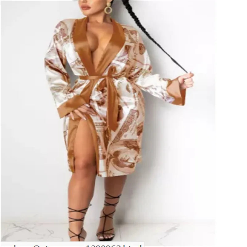 Aesthetic Cardigan Long Sleeve Midi Bandage Dress Money Pajamas Fall Clothes for Women Fashion Sexy Lounge Wear