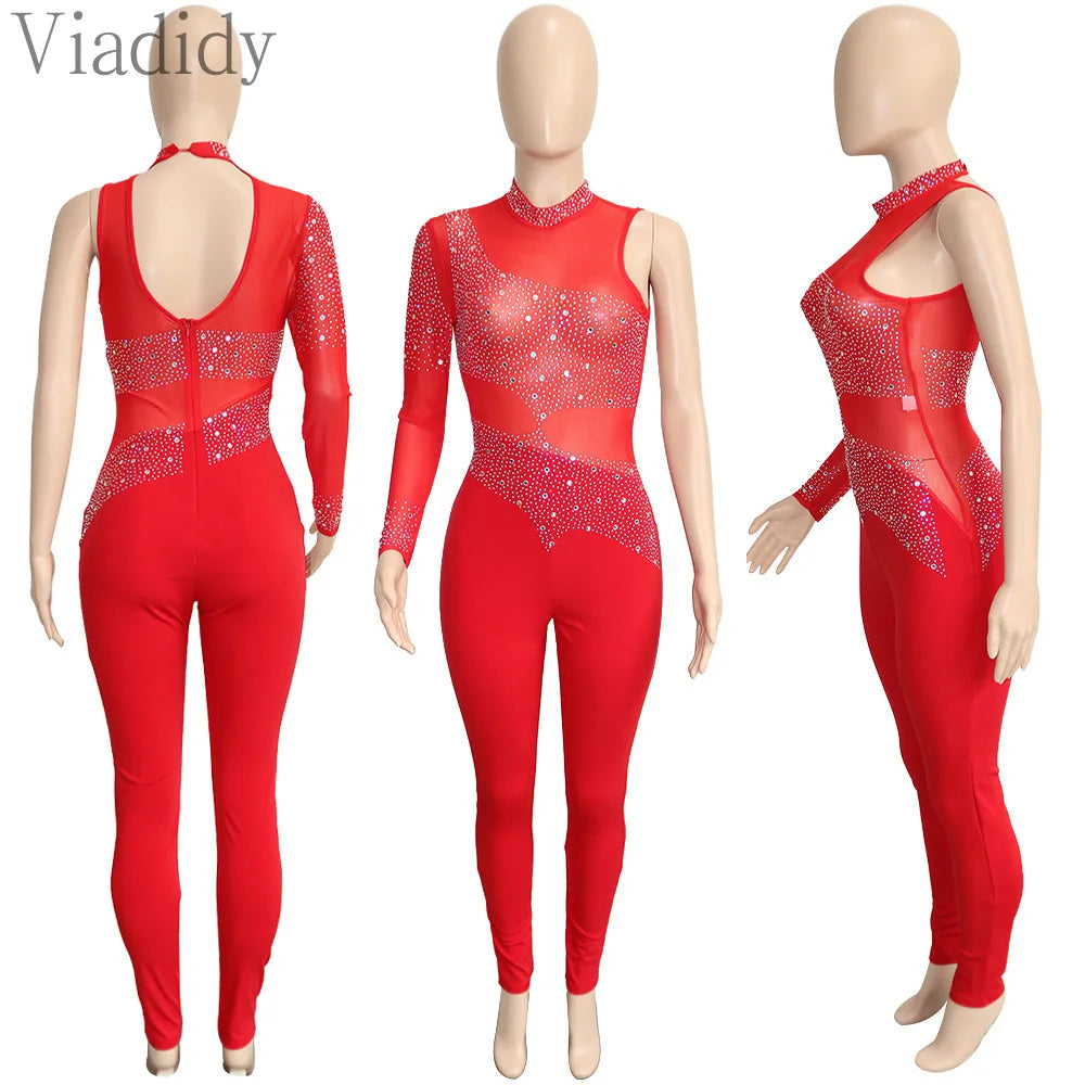 Women Sexy One Shoulder Rhinestone Sheer Mesh Patchwork Skinny Jumpsuit