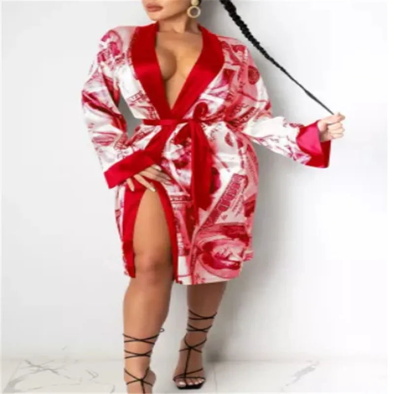 Aesthetic Cardigan Long Sleeve Midi Bandage Dress Money Pajamas Fall Clothes for Women Fashion Sexy Lounge Wear
