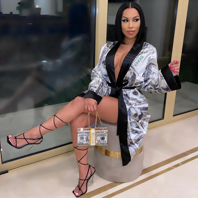 Aesthetic Cardigan Long Sleeve Midi Bandage Dress Money Pajamas Fall Clothes for Women Fashion Sexy Lounge Wear
