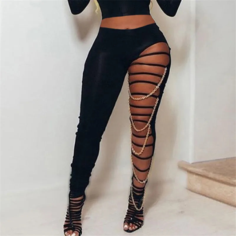 Chain Patchwork Pants Leggings Sexy Women Hollow Out Trousers Black High Waist Bodycon Slim Clubwear Streetwear