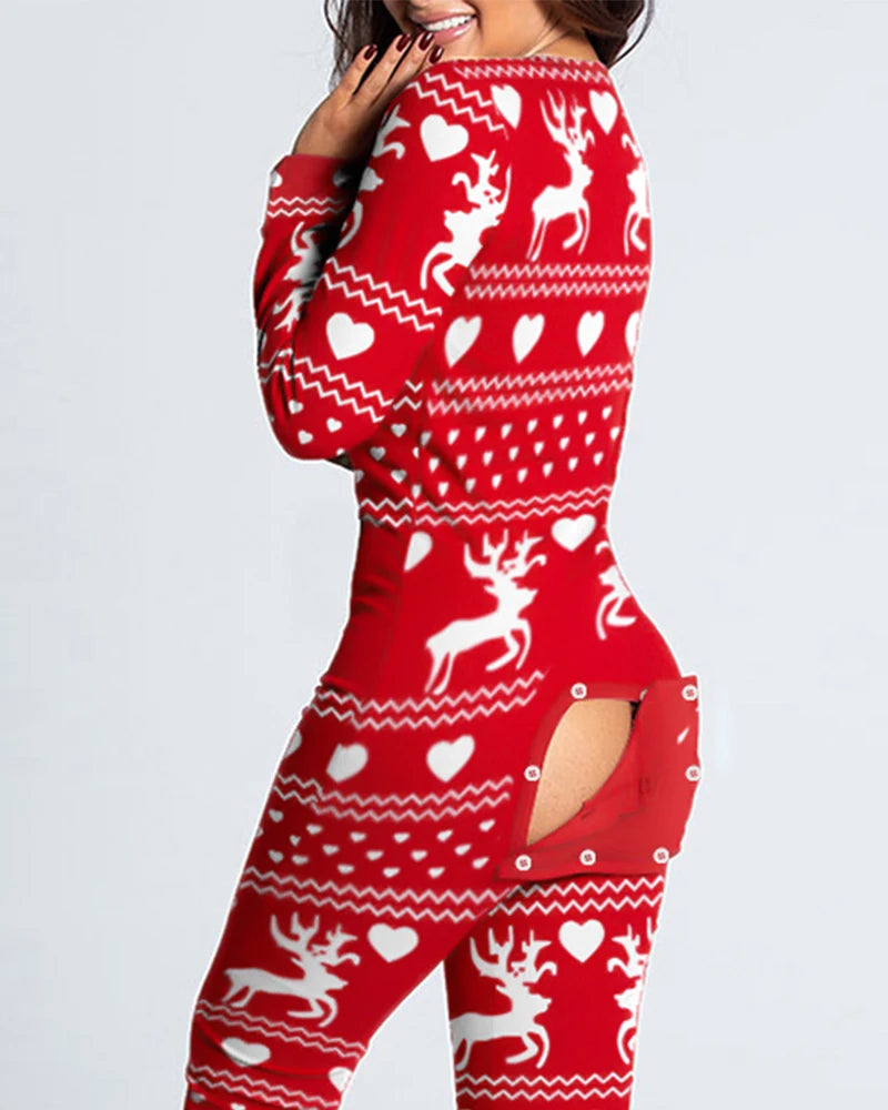 Women's Pajamas Christmas Printed Sexy Jumpsuit Fashion Casual Button Front Bottom Rear Hip Opening Flip Jumpsuits