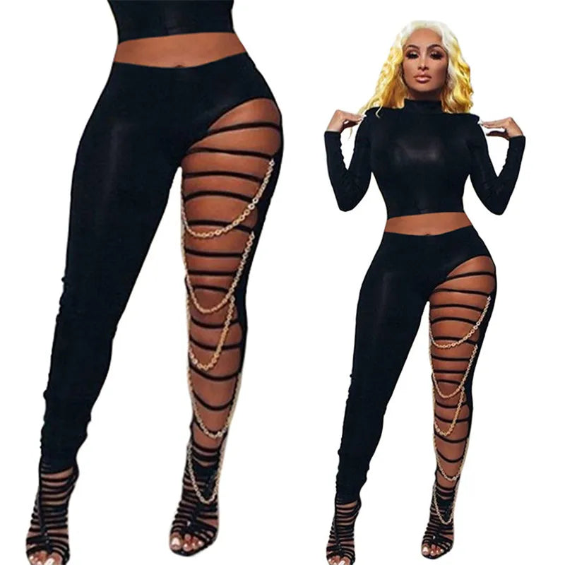 Chain Patchwork Pants Leggings Sexy Women Hollow Out Trousers Black High Waist Bodycon Slim Clubwear Streetwear