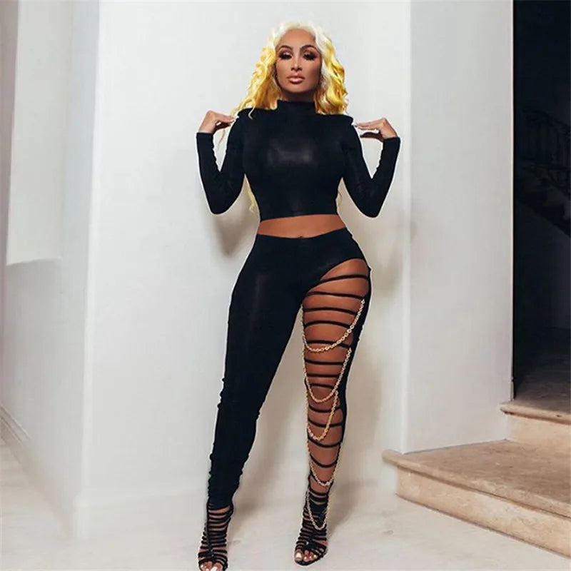 Chain Patchwork Pants Leggings Sexy Women Hollow Out Trousers Black High Waist Bodycon Slim Clubwear Streetwear