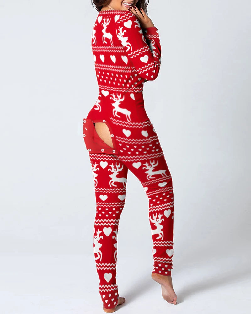 Women's Pajamas Christmas Printed Sexy Jumpsuit Fashion Casual Button Front Bottom Rear Hip Opening Flip Jumpsuits