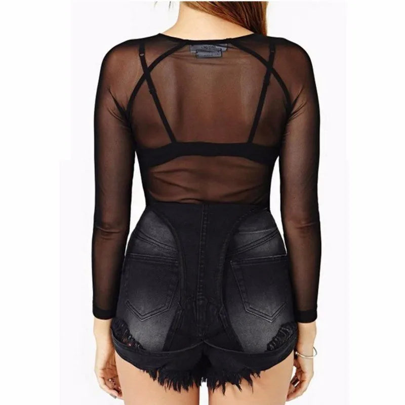 Spring Summer Womens Long Sleeve Sexy Black Mesh Top Blouses Transparent Punk Club Shirt Tees Beach Tops