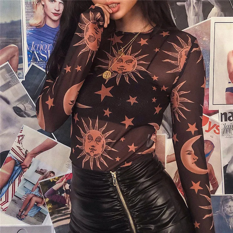Sun Moon Printed Transparent Mesh Sexy T-Shirt Women O-Neck Long Sleeve Slim Basic Casual Female Tops Spring New
