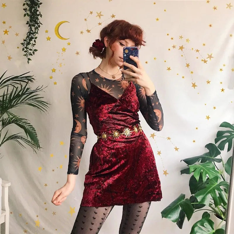 Sun Moon Printed Transparent Mesh Sexy T-Shirt Women O-Neck Long Sleeve Slim Basic Casual Female Tops Spring New