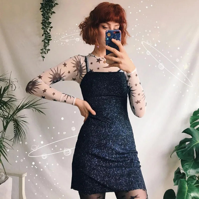 Sun Moon Printed Transparent Mesh Sexy T-Shirt Women O-Neck Long Sleeve Slim Basic Casual Female Tops Spring New