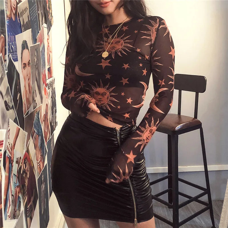 Sun Moon Printed Transparent Mesh Sexy T-Shirt Women O-Neck Long Sleeve Slim Basic Casual Female Tops Spring New