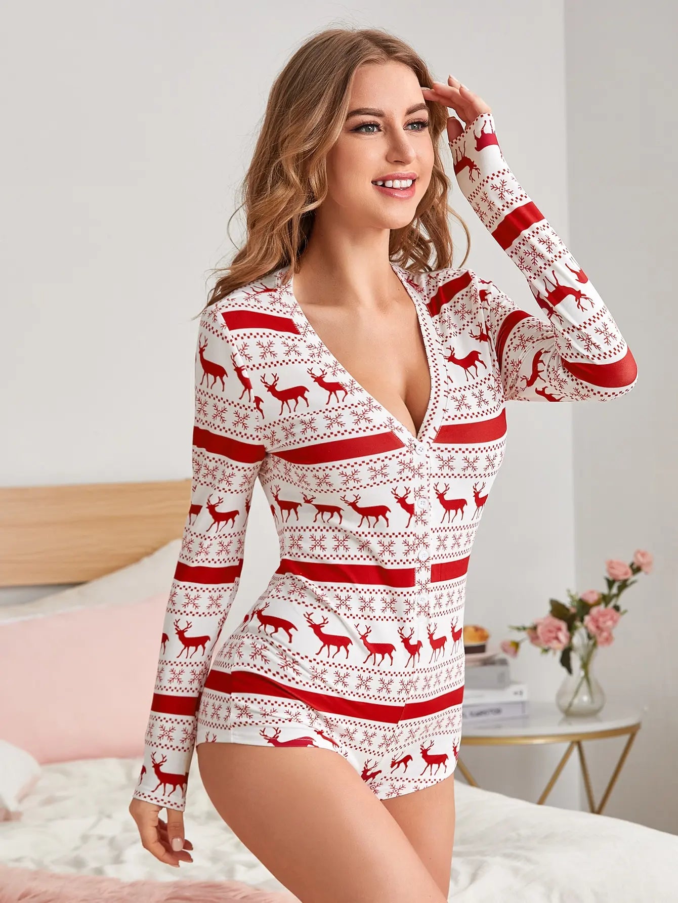 Women Christmas Print Jumpsuits Long Sleeve Nightwear Jumpsuit Bodysuit Playsuit Romper Sleepwear Slim Night Wear Homewear Xams