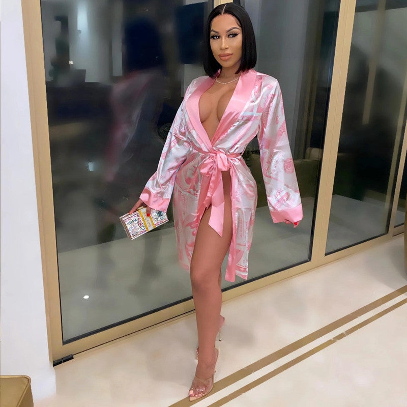 Aesthetic Cardigan Long Sleeve Midi Bandage Dress Money Pajamas Fall Clothes for Women Fashion Sexy Lounge Wear