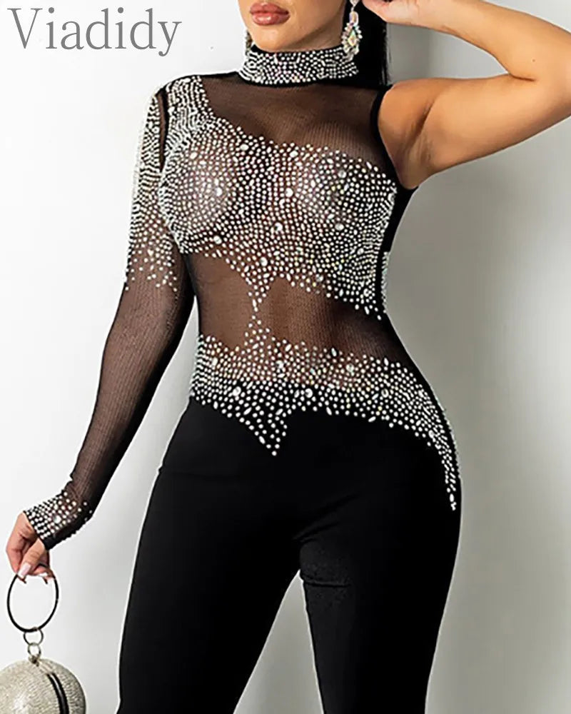 Women Sexy One Shoulder Rhinestone Sheer Mesh Patchwork Skinny Jumpsuit