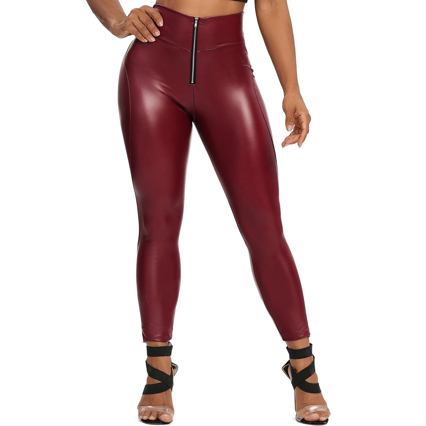 High Waist Zipper Pu Leggings For Women Black Push Up Leggins Lady Sexy Booty Stretch Slim Sport Pants Pu Leather Legging Female
