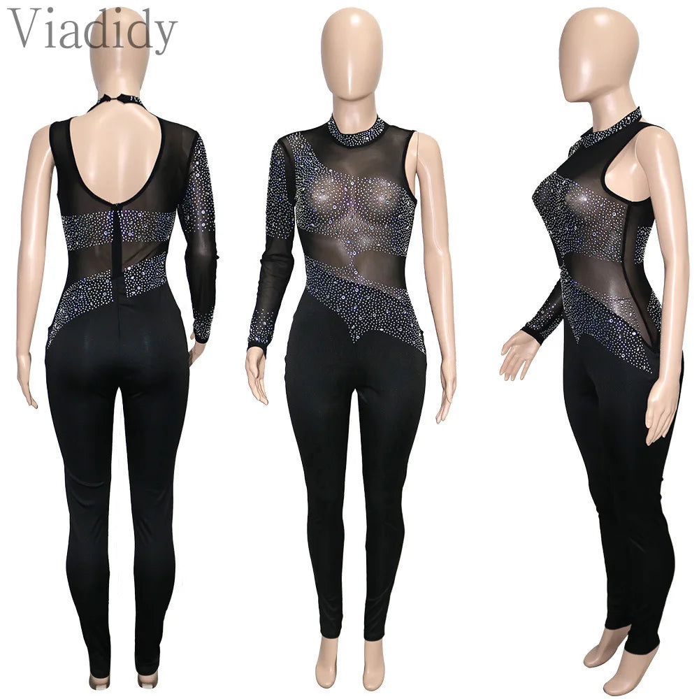 Women Sexy One Shoulder Rhinestone Sheer Mesh Patchwork Skinny Jumpsuit